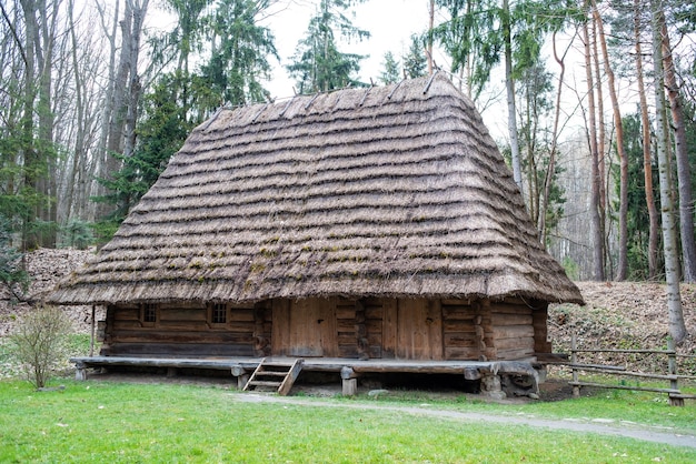 Drewniany dom kryty strzechą.