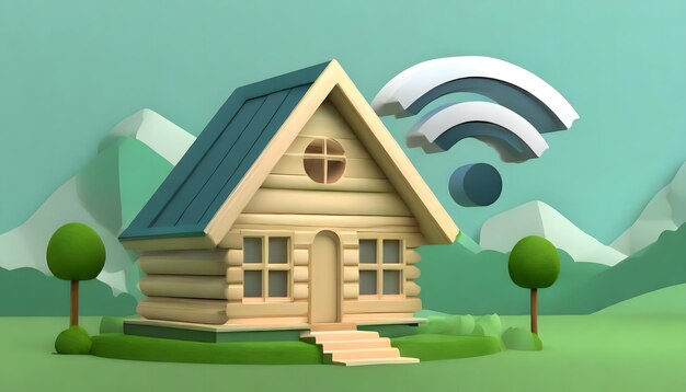 Zdjęcie drewniany dom na wsi z sygnałem wi-fi