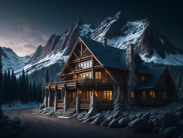 Drewniany dom na zaśnieżonym zboczu góry