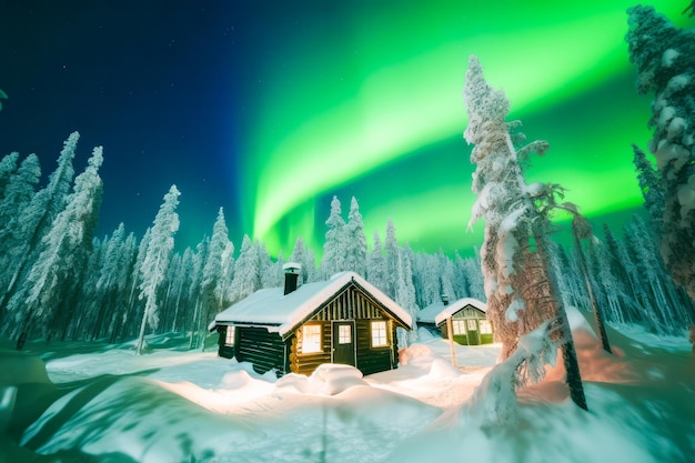 Drewniany dom stoi w podziwie przed hipnotyzującą aurorą borealną, która oświetla nocne niebo w