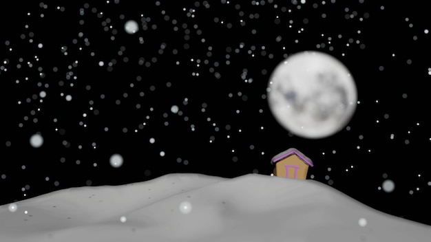 Drewniany dom w burzy śnieżnej z rozmytym księżycem w pełni w tle Renderowanie 3D