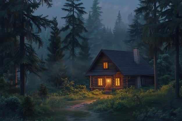 Drewniany dom w lesie w nocy Piękny letni krajobraz generowany przez sztuczną inteligencję