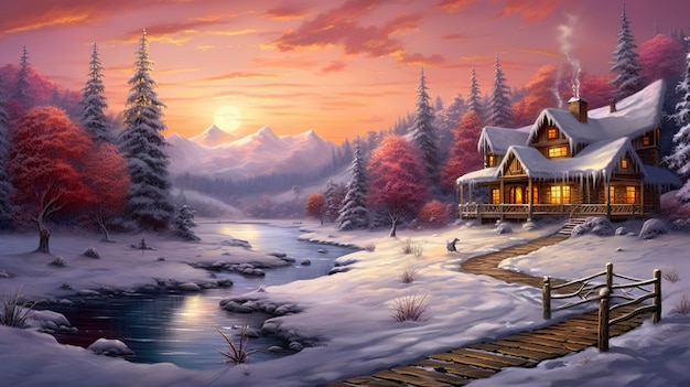 drewniany dom w zimowym krajobrazie realistyczna świąteczna atmosfera w stylu artystycznym Thomasa Kinkade'a