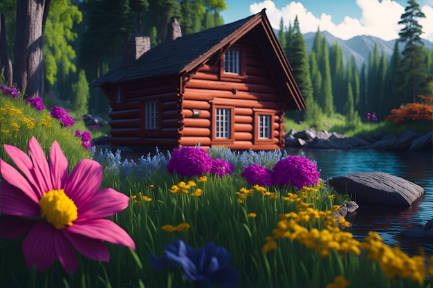 drewniany dom z kwiatem