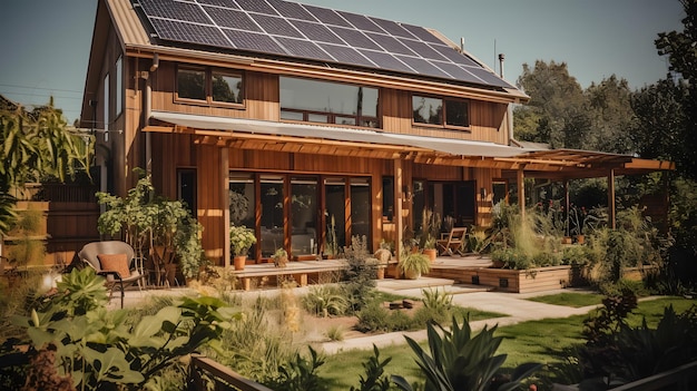Zdjęcie drewniany dom z panelami słonecznymi na dachu