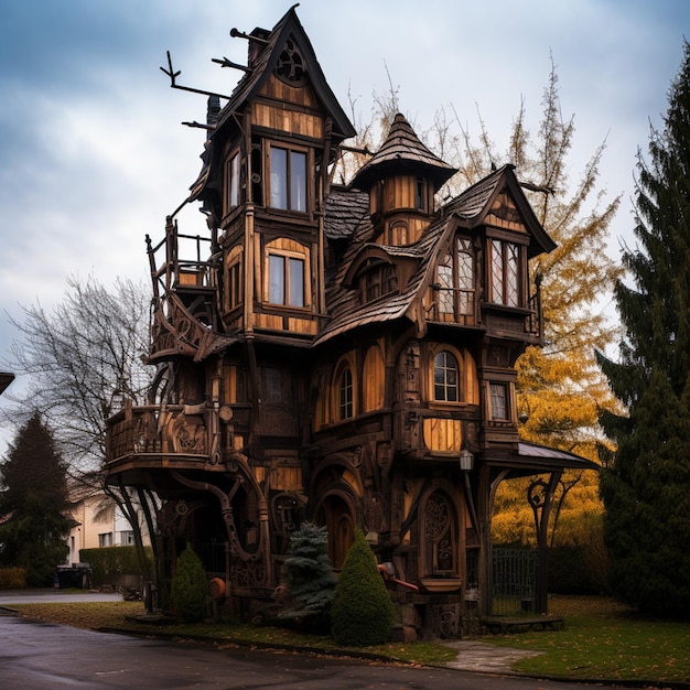 drewniany dom z wieżą na szczycie
