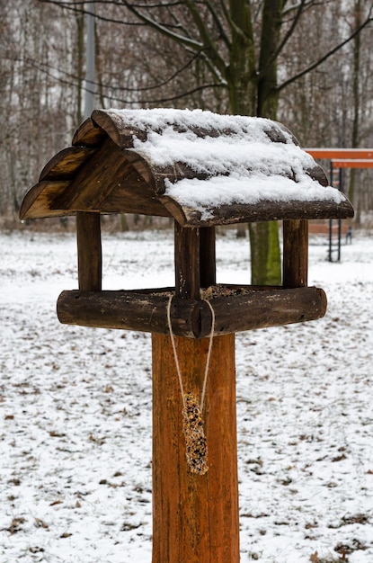 Drewniany karmnik dla ptaków w śnieżnym parku zimowym