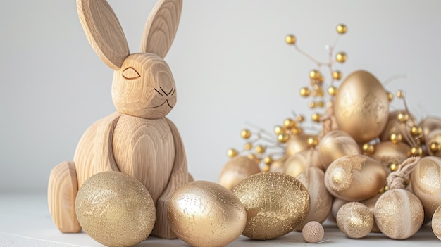 Drewniany Królik Wielkanocny i złote jaja na białym tle Koncepcja świąteczna Szczęśliwej Wielkanocy
