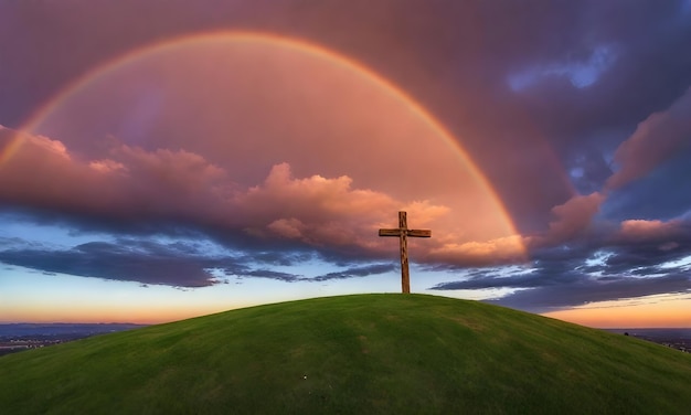 Zdjęcie drewniany krzyż na trawiastym wzgórzu z tęczą na niebie o zachodzie słońca