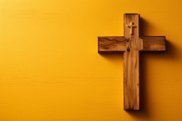 Drewniany krzyż na żółtym tle