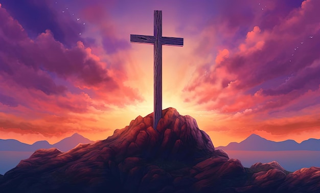drewniany krzyż siedzący na szczycie góry w stylu fioletowym i czerwonym