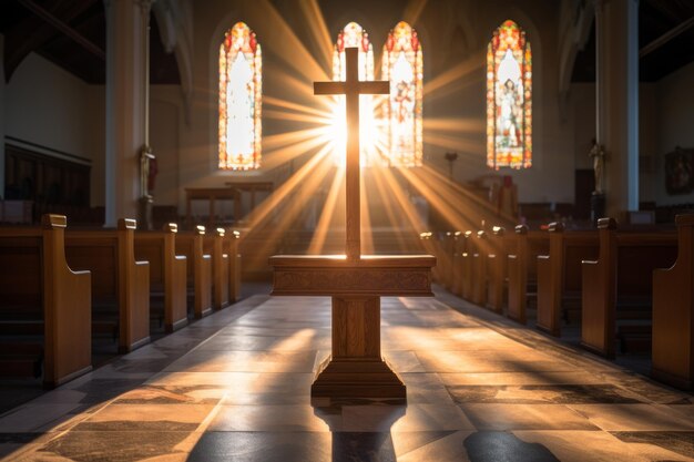 Drewniany krzyż stoi w środku kościoła z światłem świecącym przez witraże
