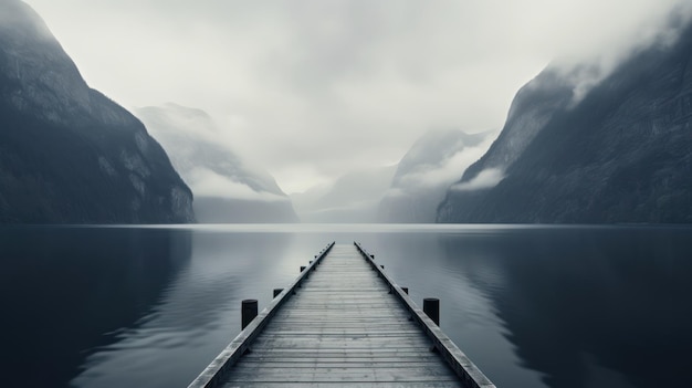 Zdjęcie drewniany molo w mglistym jeziorze 3d render generative ai