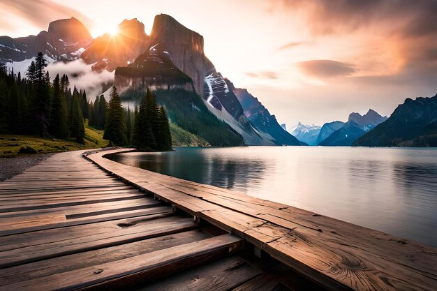 Zdjęcie drewniany most prowadzi do jeziora z górami w tle.
