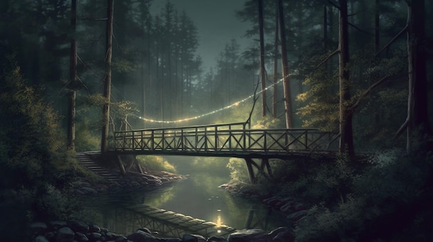 Drewniany most w lesie w nocygenerative ai