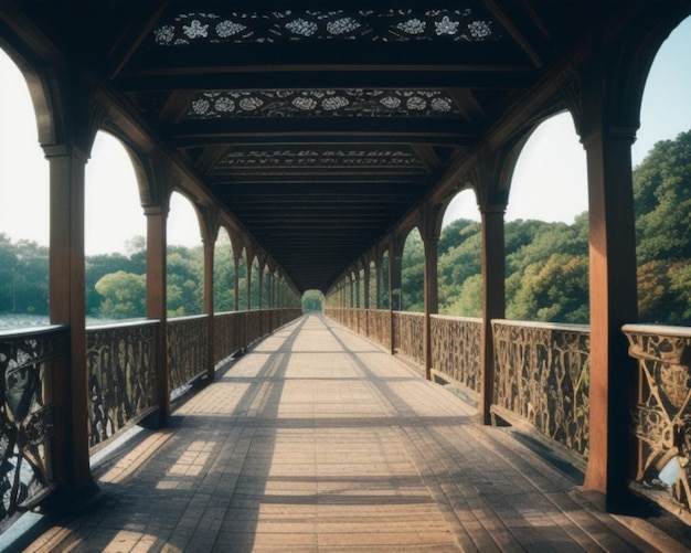 drewniany most z drewnianym chodnikiem, który prowadzi do rzeki.