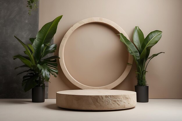 Drewniany okrągły podium w zielonym pomieszczeniu z roślinami tropikalnymi Wyświetlacz produktów Studio