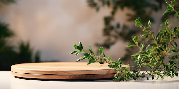 Zdjęcie drewniany okrągły podium z niewyraźnym cieniem liści na zielonym tle koncepcja tła wyświetlacza produktu