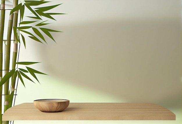 Drewniany okrągły stolik z zielonymi liśćmi roślin tropikalnych z pięknym światłem słonecznym i cieniem na ścianie AI Generated