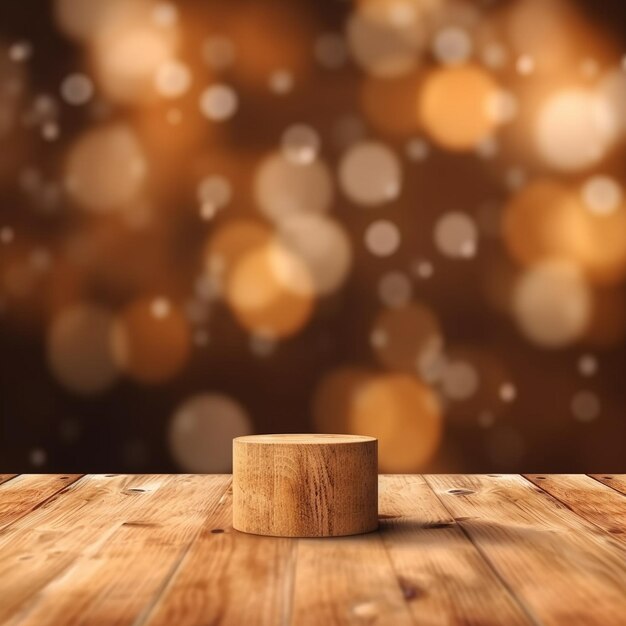 Zdjęcie drewniany pniak na drewnianym stole z niewyraźnymi światłami w tle