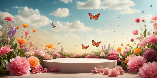 Drewniany podium kolorowe kwiaty wokół z motylami Jasnoniebieskie niebo