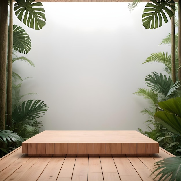 Drewniany podium w lesie tropikalnym do prezentacji produktów