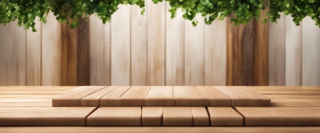 Drewniany podium wystawiania produktów z naturalnym zielonym żywopłotem i drewnianymi deskami na tle Generowane przez Ai
