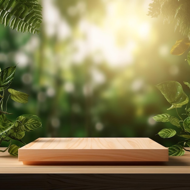 Drewniany podium wyświetlające produkty z niewyraźnym tłem liści przyrody