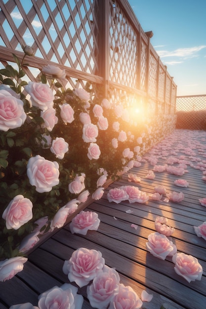 Drewniany pokład z różowymi różami