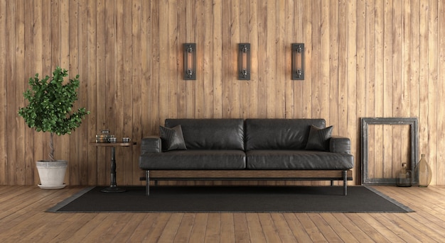 Drewniany pokój w stylu retro z czarną skórzaną sofą - renderowanie 3d
