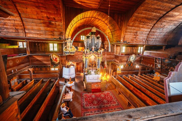 Drewniany protestancki kościół artykularny w Hronsku Bańska Bystrzyca Słowacja Obiekt światowego dziedzictwa UNESCO Wewnątrz kościoła