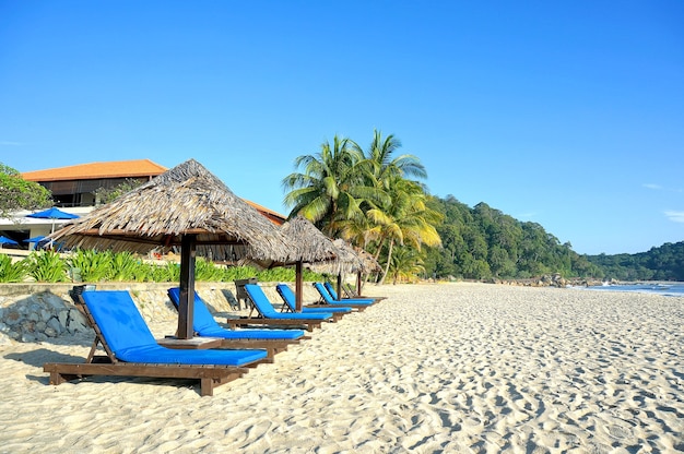 Drewniany salon / leżaki i parasol na rajskiej plaży z widokiem na ocean, błękitne niebo