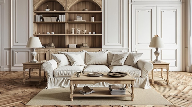 drewniany salon z tkaniną, kanapą, klasycznymi stolikami kawowymi i dywanem Generative Ai
