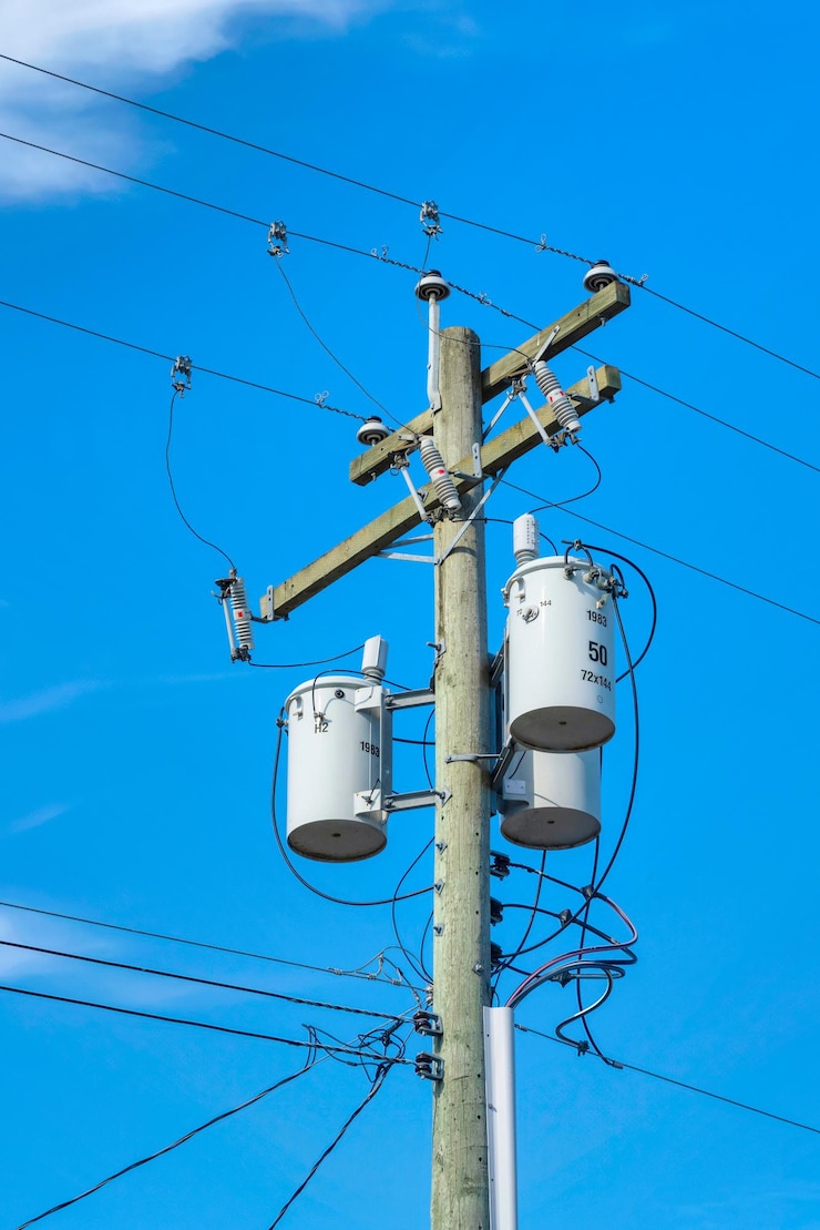 Zdjęcie drewniany słup elektryczny z zamontowanymi transformatorami na tle błękitnego nieba