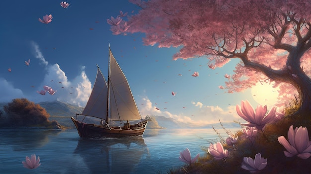Drewniany statek z żaglami na morzu w pobliżu brzegu, gdzie o zachodzie słońca rosną magnolie