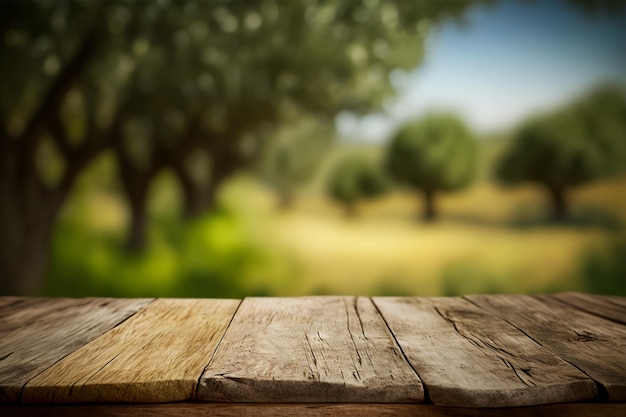 Drewniany stół do wyświetlania produktów z tłem bokeh naturalnego pola oliwnego