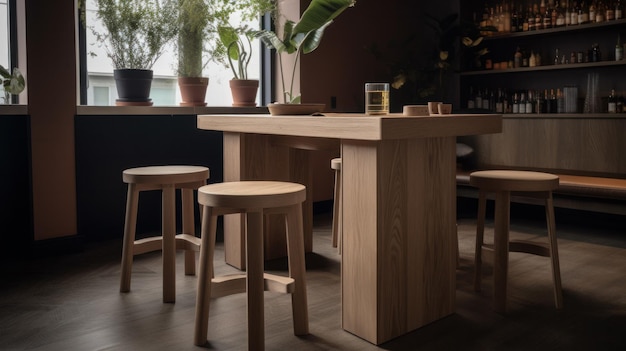 Drewniany stół i krzesła w kuchni AI generatywne