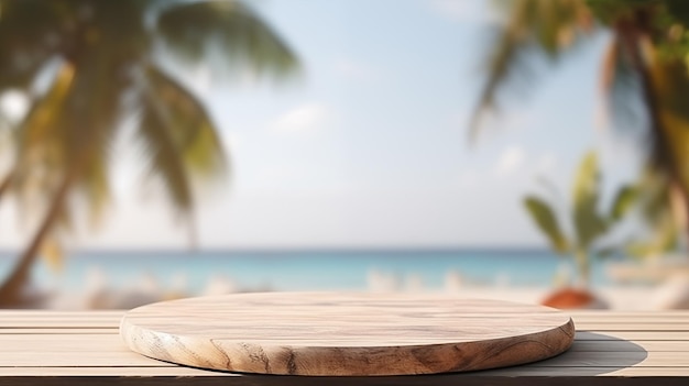 Drewniany stół i rozmyte letnie plaże i tło nieba
