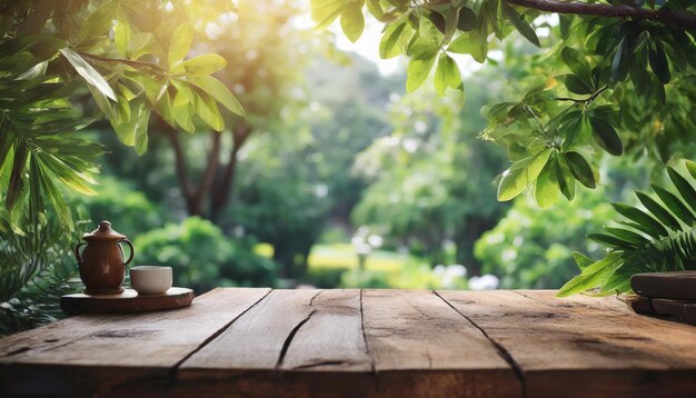 drewniany stół i rozmyte zielone tło ogrodu przyrody