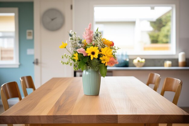 Zdjęcie drewniany stół jadalny ze środkiem bukietowym