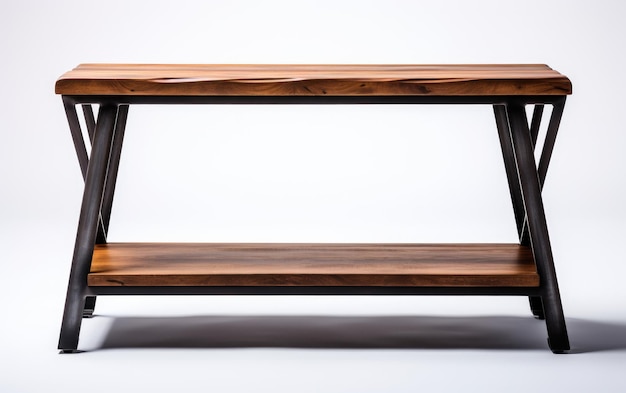 Drewniany stół na białej podłodze Proste, funkcjonalne, minimalistyczne meble do każdej przestrzeni