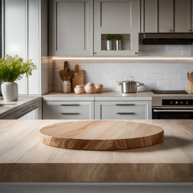 Drewniany stół na eleganckim nowoczesnym tle kuchni Ai Generated