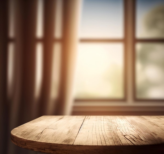 Drewniany stół na nieostrym oknie z zasłoną