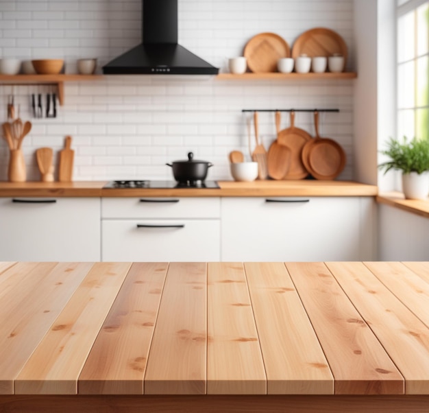 Drewniany stół na niewyraźnym tle kuchennej ławki Pusty drewniany stół i niewyraźne tło kuchenne