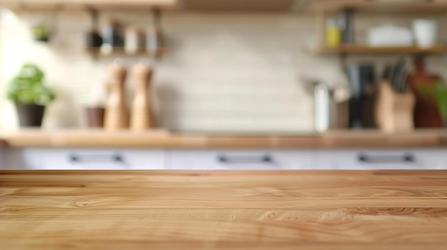 Drewniany stół na niewyraźnym tle kuchni dla montażu wyświetlacza produktów o Generatywna sztuczna inteligencja
