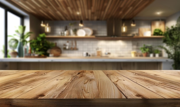 Drewniany stół na niewyraźnym tle kuchni Współczesne wnętrze kuchni