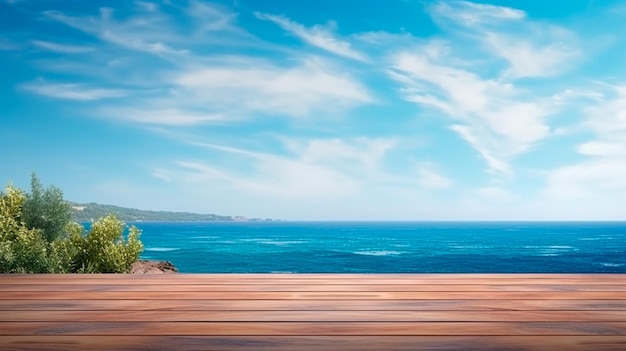 drewniany stół na niewyraźnym tle morza i oceanu