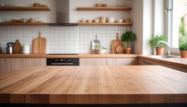 Drewniany stół na niewyraźnym tle w kuchni nowoczesne luksusowe wnętrze kuchni