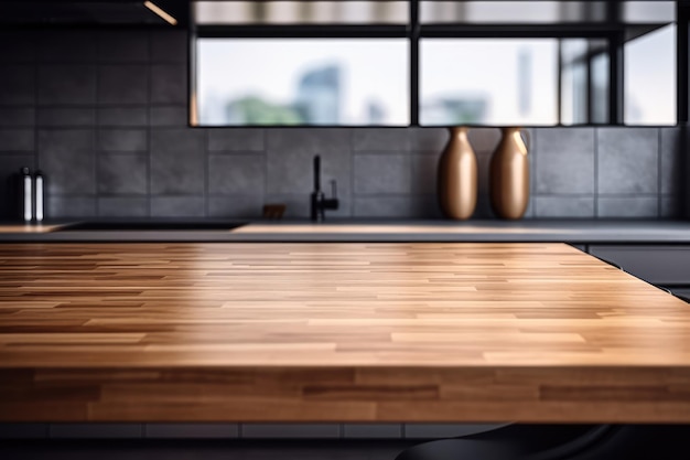 Drewniany stół na niewyraźnym tle w kuchni