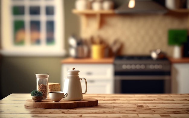 Drewniany stół na pierwszym planie i niewyraźne tło w kuchni Generacyjna sztuczna inteligencja